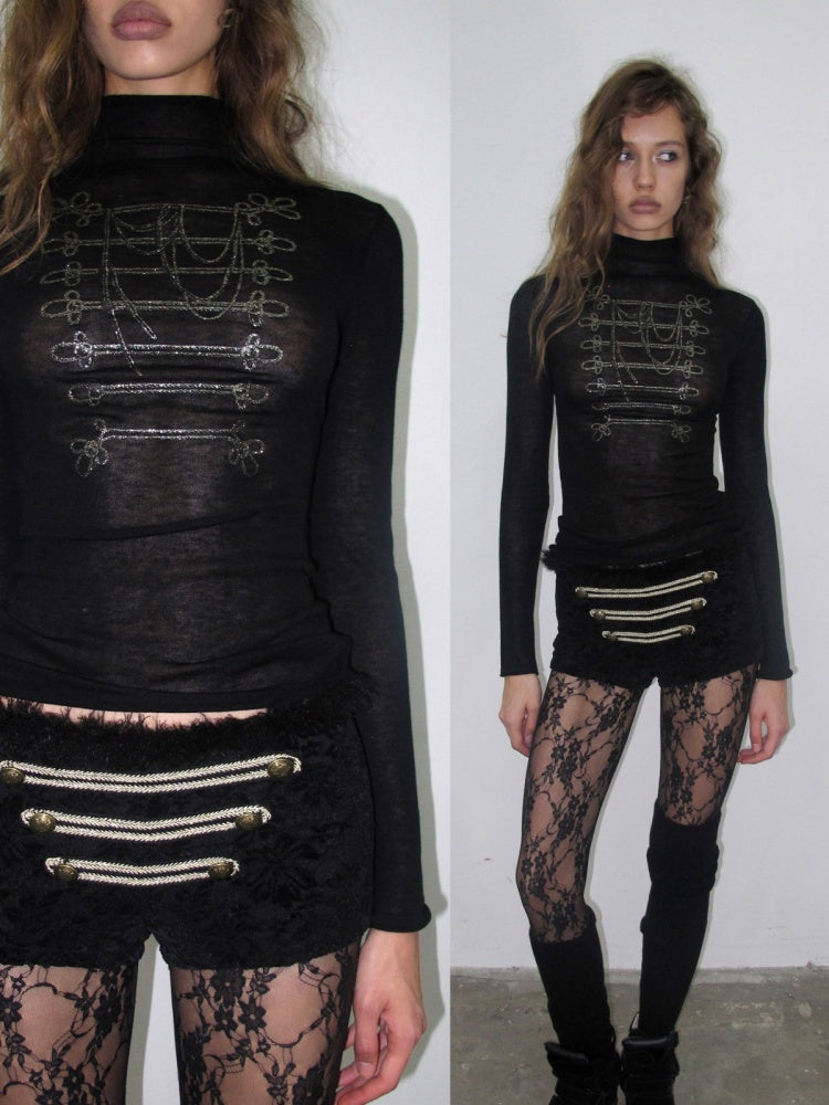 Vintage Napoleon Gold Foil Print Black Turtleneck Slim Knit Top【s0000019036】