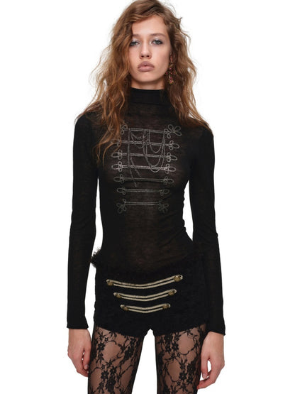 Vintage Napoleon Gold Foil Print Black Turtleneck Slim Knit Top【s0000019036】
