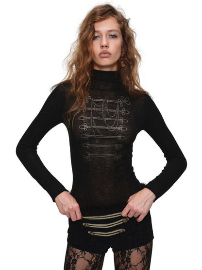 Vintage Napoleon Gold Foil Print Black Turtleneck Slim Knit Top【s0000019036】