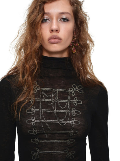 Vintage Napoleon Gold Foil Print Black Turtleneck Slim Knit Top【s0000019036】