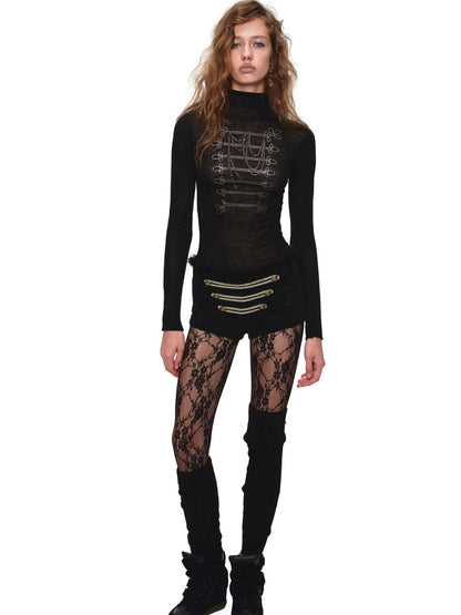 Vintage Napoleon Gold Foil Print Black Turtleneck Slim Knit Top【s0000019036】