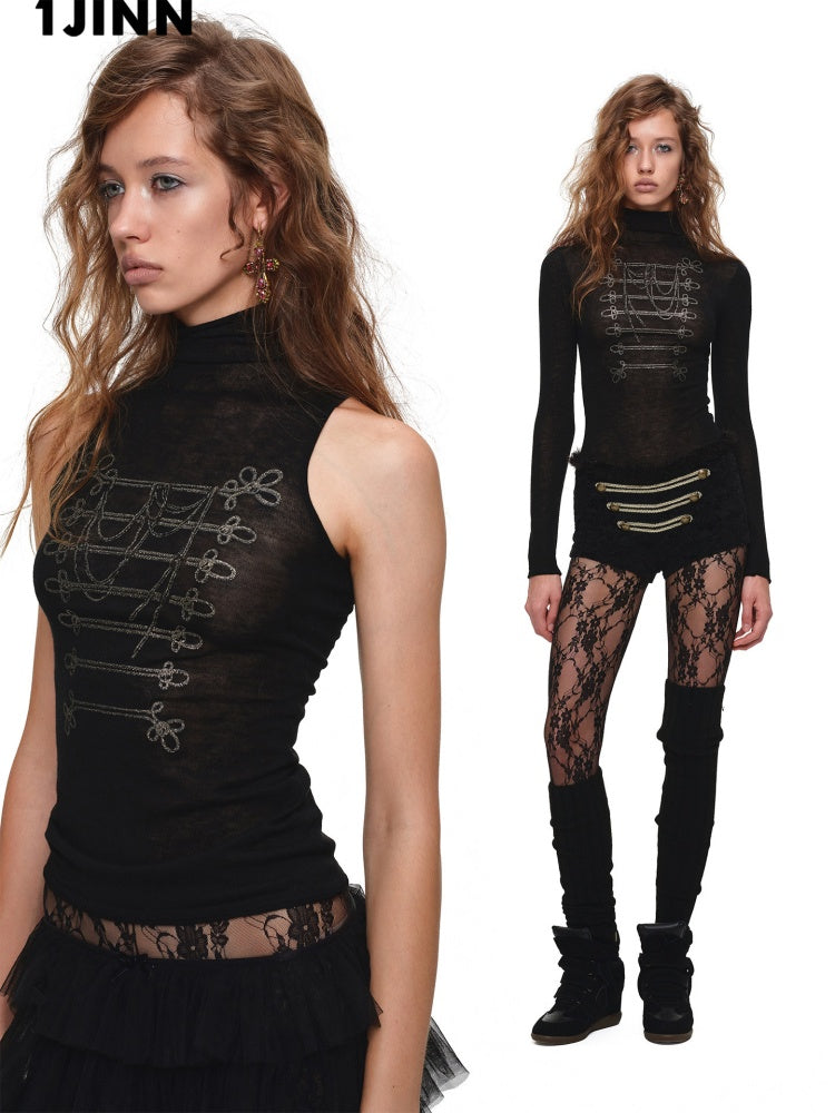 Vintage Napoleon Gold Foil Print Black Turtleneck Slim Knit Top【s0000019036】