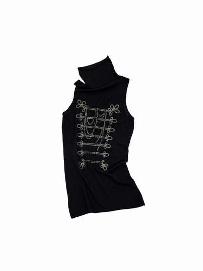 Vintage Napoleon Gold Foil Print Black Turtleneck Slim Knit Top【s0000019036】