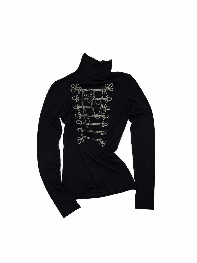 Vintage Napoleon Gold Foil Print Black Turtleneck Slim Knit Top【s0000019036】
