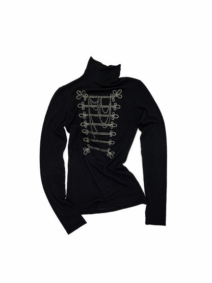 Vintage Napoleon Gold Foil Print Black Turtleneck Slim Knit Top【s0000019036】