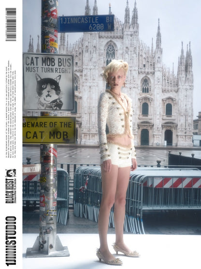 Napoleon Flocked Lace Patchwork Two-Piece Set Long-Sleeve V-neck Slim Cardigan Shorts Set【s0000019037】