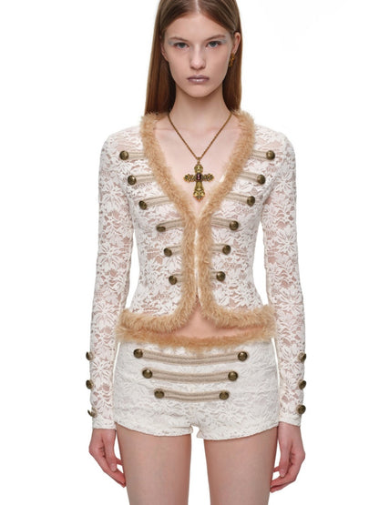 Napoleon Flocked Lace Patchwork Two-Piece Set Long-Sleeve V-neck Slim Cardigan Shorts Set【s0000019037】