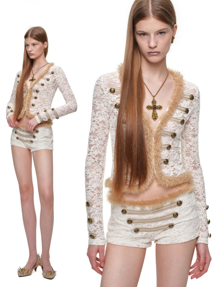 Napoleon Flocked Lace Patchwork Two-Piece Set Long-Sleeve V-neck Slim Cardigan Shorts Set【s0000019037】