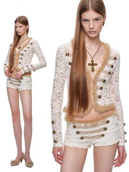 Napoleon Flocked Lace Patchwork Two-Piece Set Long-Sleeve V-neck Slim Cardigan Shorts Set【s0000019037】