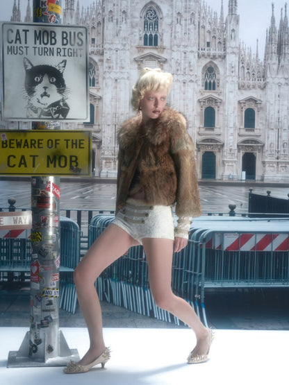 Napoleon Flocked Lace Patchwork Two-Piece Set Long-Sleeve V-neck Slim Cardigan Shorts Set【s0000019037】
