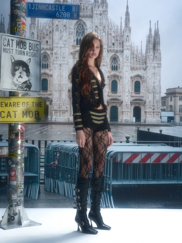 Napoleon Flocked Lace Patchwork Two-Piece Set Long-Sleeve V-neck Slim Cardigan Shorts Set【s0000019037】