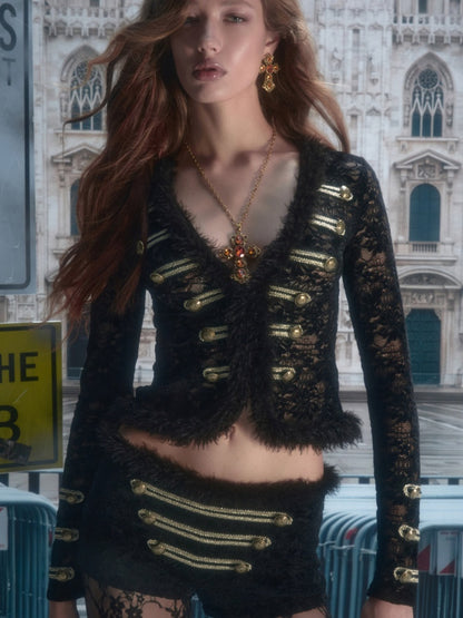 Napoleon Flocked Lace Patchwork Two-Piece Set Long-Sleeve V-neck Slim Cardigan Shorts Set【s0000019037】
