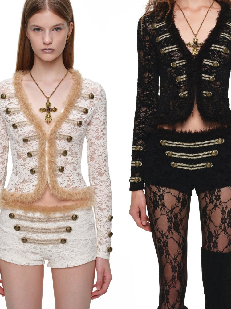 Napoleon Flocked Lace Patchwork Two-Piece Set Long-Sleeve V-neck Slim Cardigan Shorts Set【s0000019037】