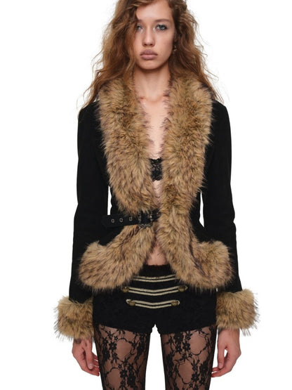 Napoleon Flocked Lace Patchwork Two-Piece Set Long-Sleeve V-neck Slim Cardigan Shorts Set【s0000019037】