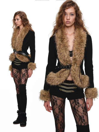 Napoleon Flocked Lace Patchwork Two-Piece Set Long-Sleeve V-neck Slim Cardigan Shorts Set【s0000019037】