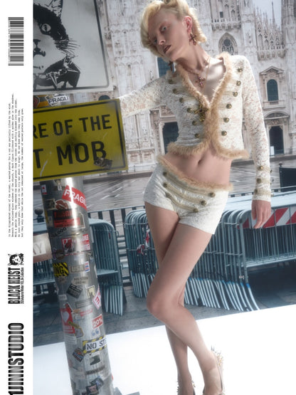 Napoleon Flocked Lace Patchwork Two-Piece Set Long-Sleeve V-neck Slim Cardigan Shorts Set【s0000019037】