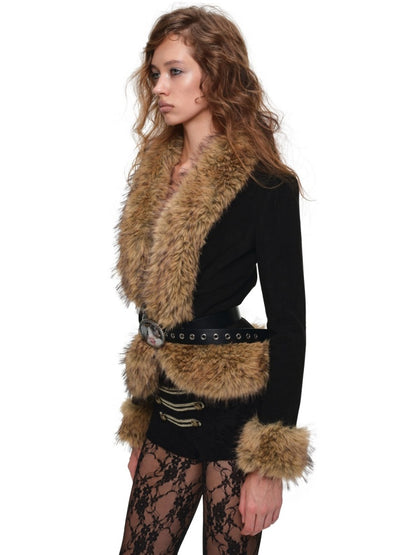 Napoleon Flocked Lace Patchwork Two-Piece Set Long-Sleeve V-neck Slim Cardigan Shorts Set【s0000019037】