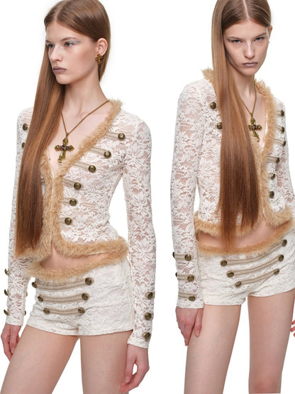 Napoleon Flocked Lace Patchwork Two-Piece Set Long-Sleeve V-neck Slim Cardigan Shorts Set【s0000019037】