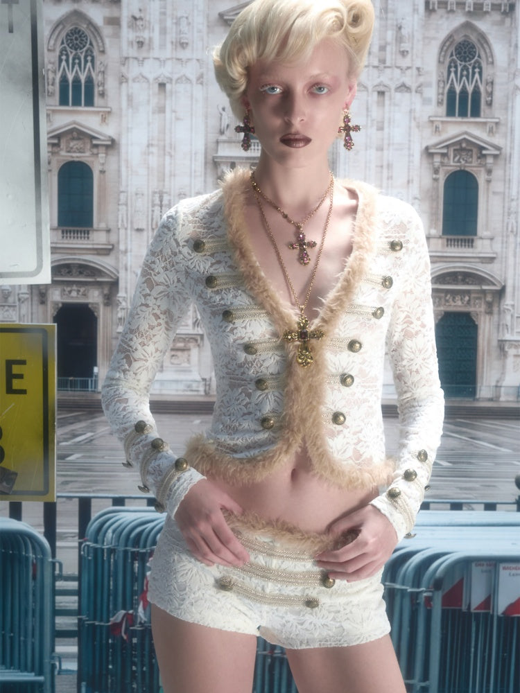 Napoleon Flocked Lace Patchwork Two-Piece Set Long-Sleeve V-neck Slim Cardigan Shorts Set【s0000019037】