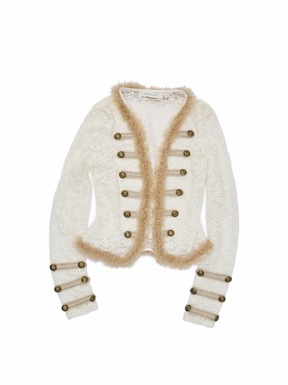 Napoleon Flocked Lace Patchwork Two-Piece Set Long-Sleeve V-neck Slim Cardigan Shorts Set【s0000019037】