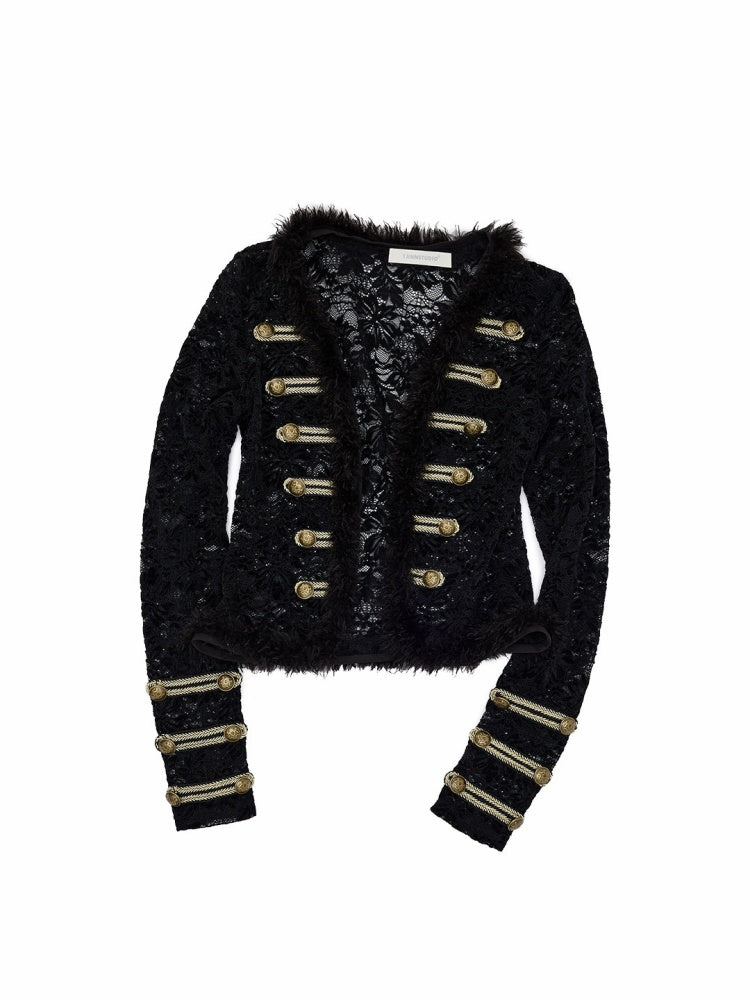 Napoleon Flocked Lace Patchwork Two-Piece Set Long-Sleeve V-neck Slim Cardigan Shorts Set【s0000019037】