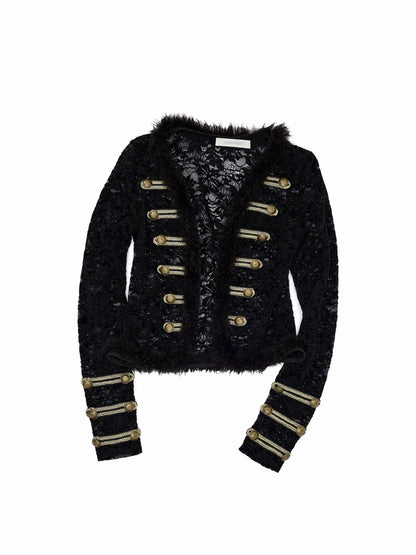 Napoleon Flocked Lace Patchwork Two-Piece Set Long-Sleeve V-neck Slim Cardigan Shorts Set【s0000019037】