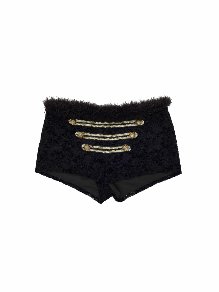 Napoleon Flocked Lace Patchwork Two-Piece Set Long-Sleeve V-neck Slim Cardigan Shorts Set【s0000019037】