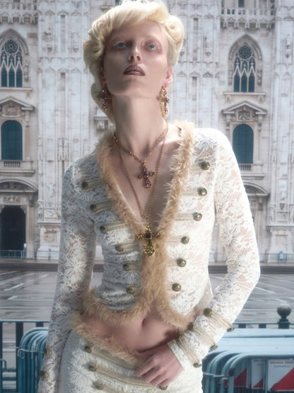 Napoleon Flocked Lace Patchwork Two-Piece Set Long-Sleeve V-neck Slim Cardigan Shorts Set【s0000019037】