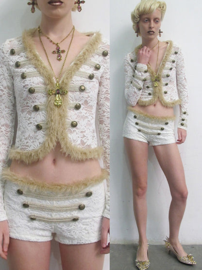 Napoleon Flocked Lace Patchwork Two-Piece Set Long-Sleeve V-neck Slim Cardigan Shorts Set【s0000019037】