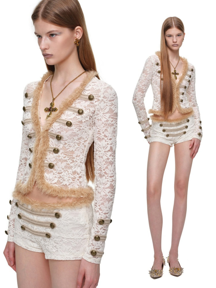 Napoleon Flocked Lace Patchwork Two-Piece Set Long-Sleeve V-neck Slim Cardigan Shorts Set【s0000019037】