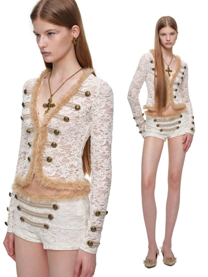 Napoleon Flocked Lace Patchwork Two-Piece Set Long-Sleeve V-neck Slim Cardigan Shorts Set【s0000019037】