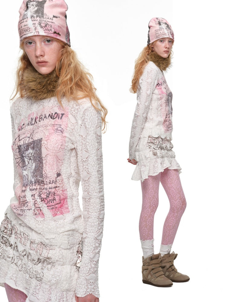 Cat Wanted Bubble Lace Crew Neck Top Irregular Mermaid Mini Skirt Set【s0000019038】