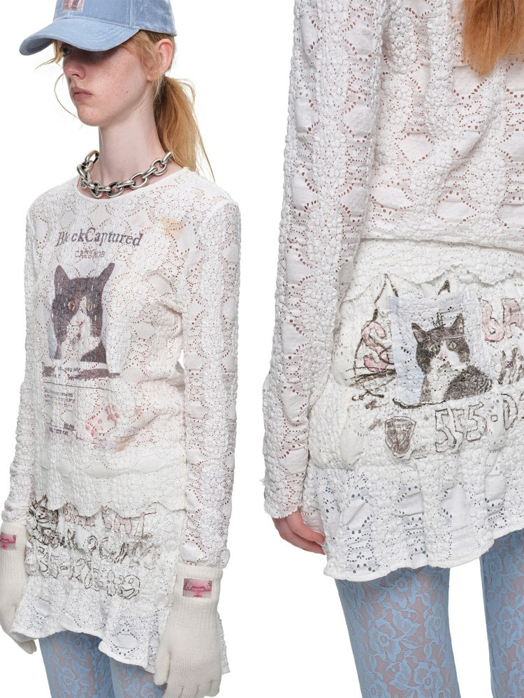 Cat Wanted Bubble Lace Crew Neck Top Irregular Mermaid Mini Skirt Set【s0000019038】