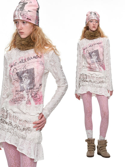 Cat Wanted Bubble Lace Crew Neck Top Irregular Mermaid Mini Skirt Set【s0000019038】