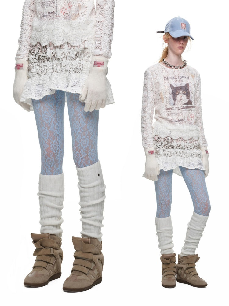 Cat Wanted Bubble Lace Crew Neck Top Irregular Mermaid Mini Skirt Set【s0000019038】