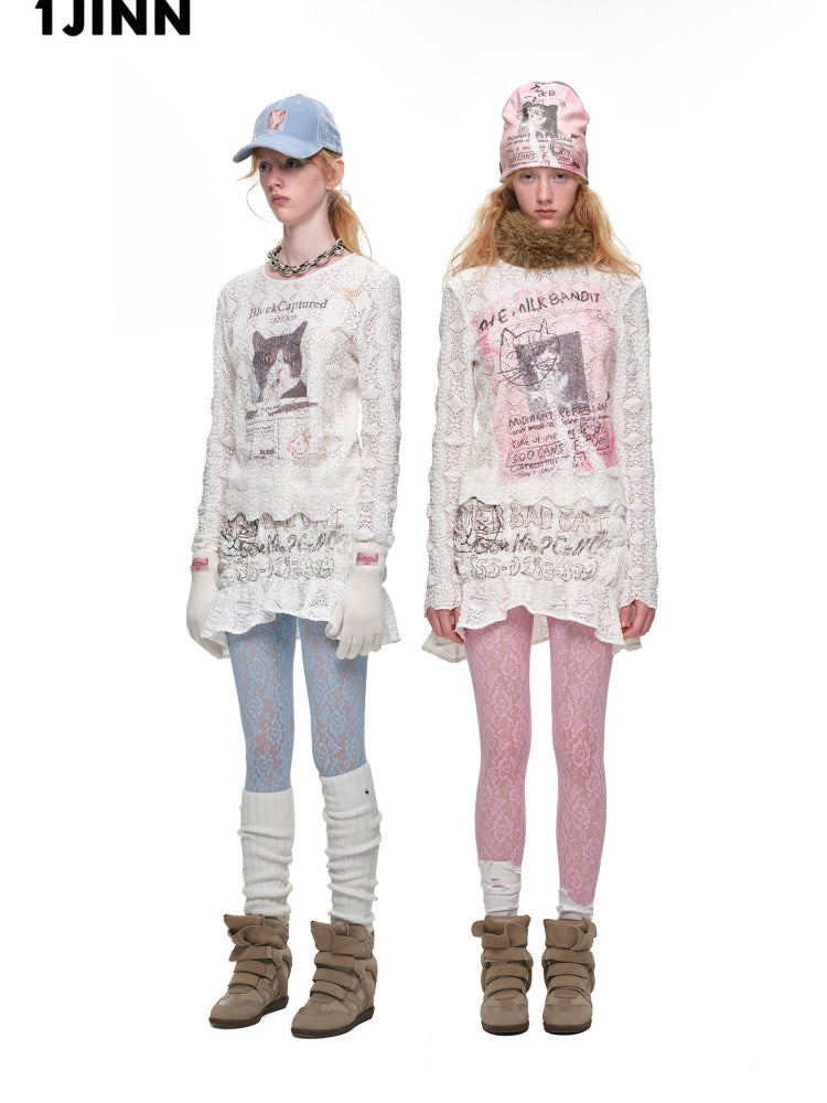Cat Wanted Bubble Lace Crew Neck Top Irregular Mermaid Mini Skirt Set【s0000019038】