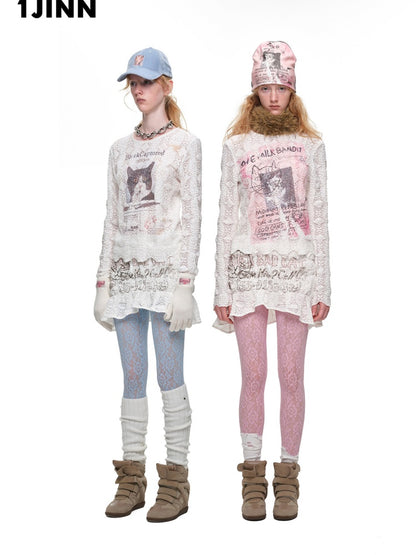 Cat Wanted Bubble Lace Crew Neck Top Irregular Mermaid Mini Skirt Set【s0000019038】