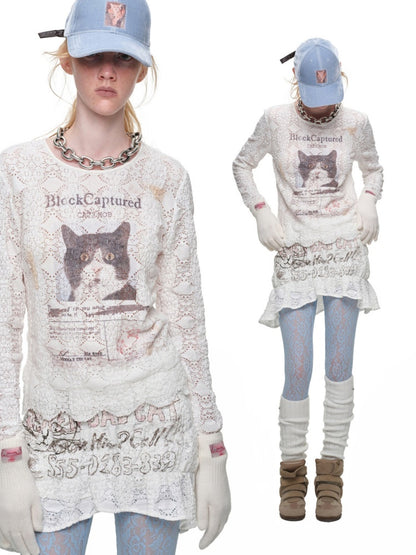Cat Wanted Bubble Lace Crew Neck Top Irregular Mermaid Mini Skirt Set【s0000019038】