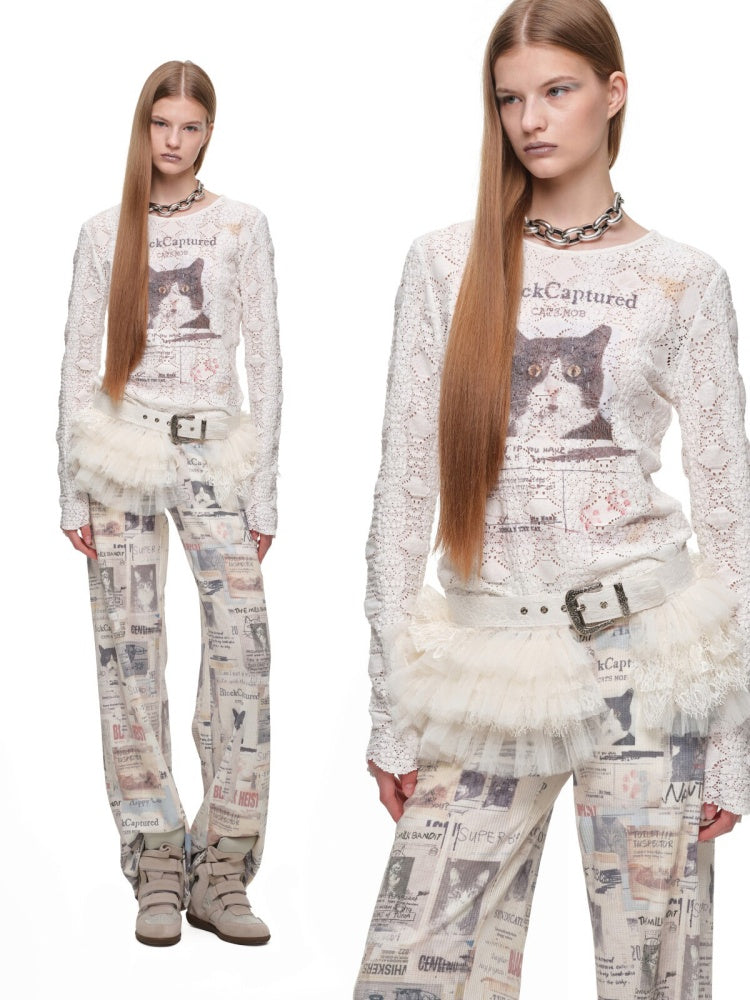 Cat Wanted Bubble Lace Crew Neck Top Irregular Mermaid Mini Skirt Set【s0000019038】