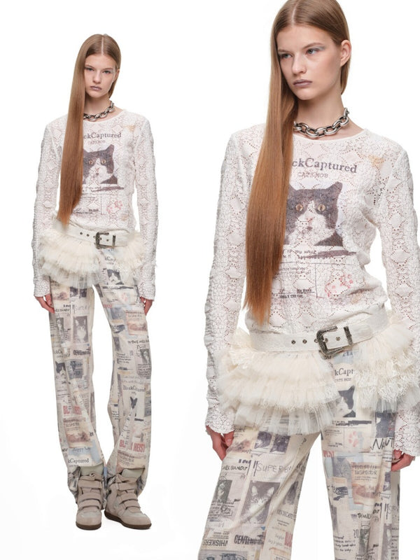 Cat Wanted Bubble Lace Crew Neck Top Irregular Mermaid Mini Skirt Set【s0000019038】