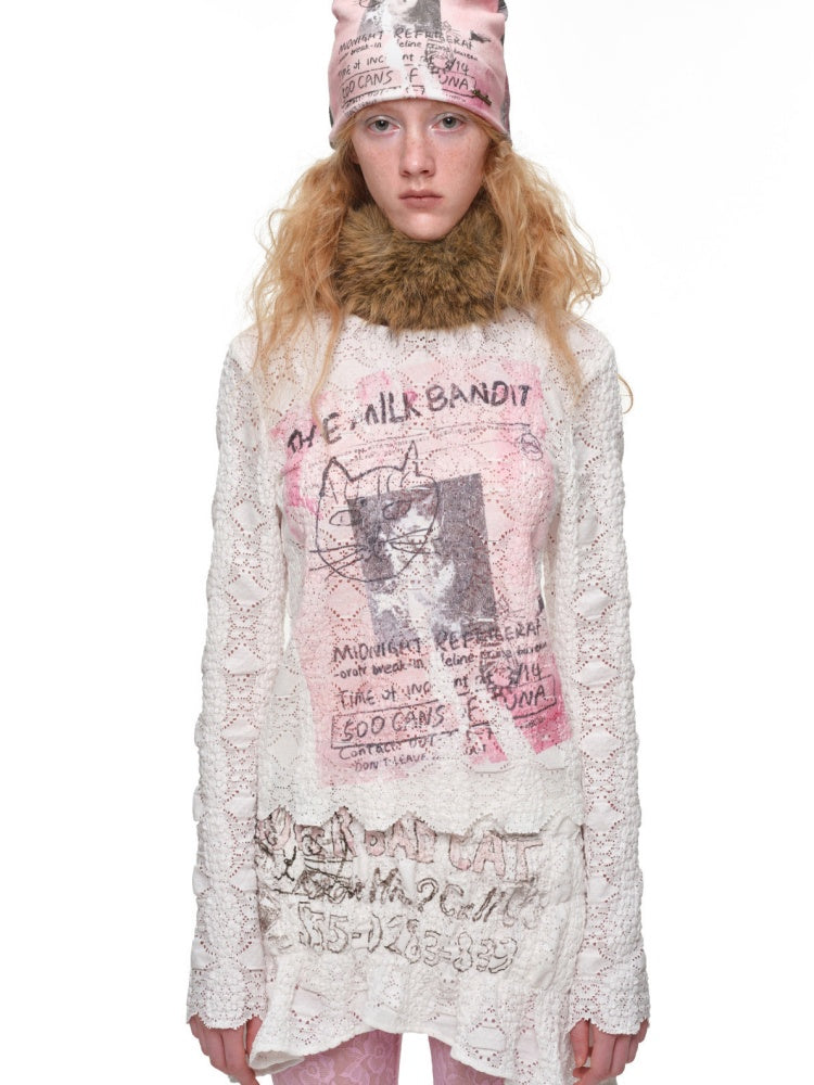 Cat Wanted Bubble Lace Crew Neck Top Irregular Mermaid Mini Skirt Set【s0000019038】