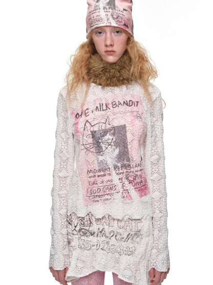 Cat Wanted Bubble Lace Crew Neck Top Irregular Mermaid Mini Skirt Set【s0000019038】