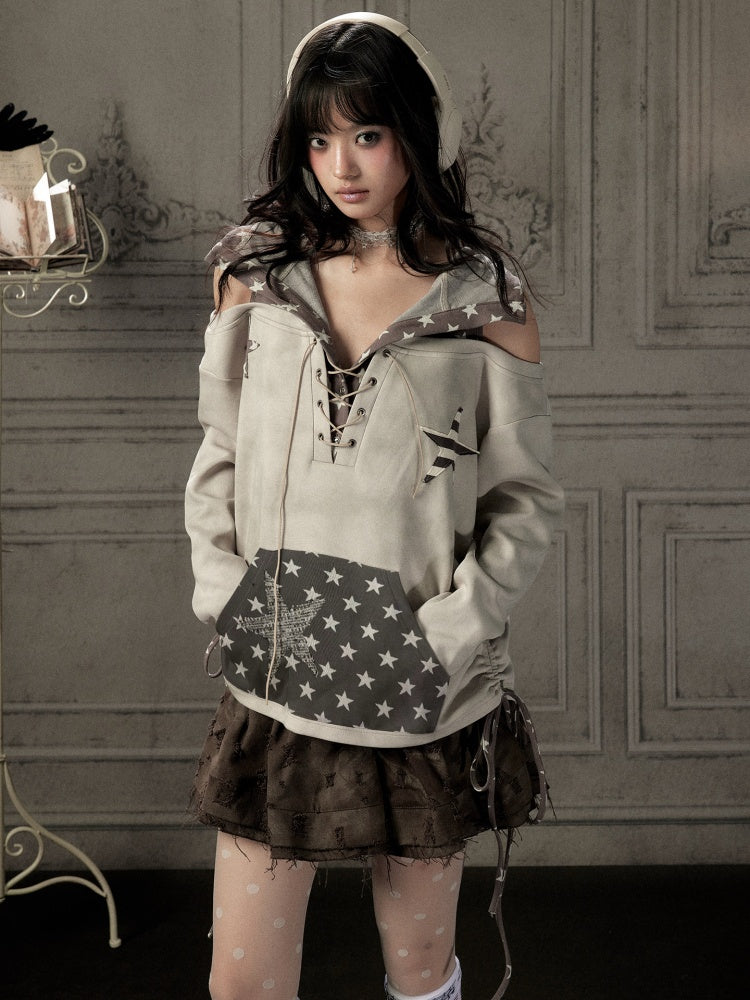 Off-Shoulder Hooded Sweatshirt Rabbit Ear Star-Tie Top【s0000019039】
