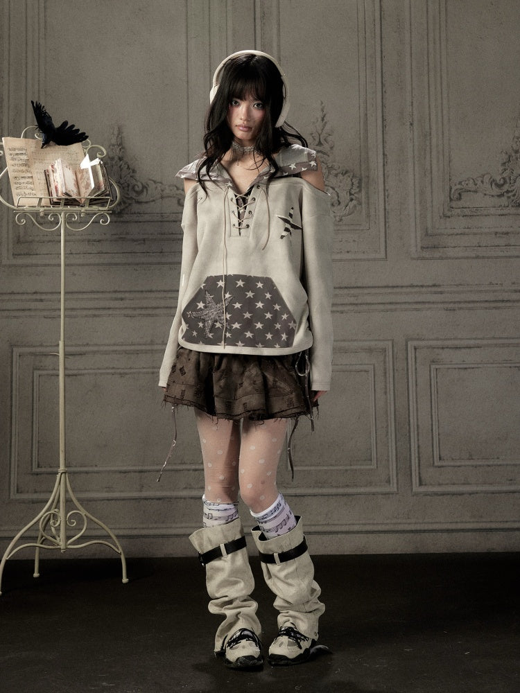 Off-Shoulder Hooded Sweatshirt Rabbit Ear Star-Tie Top【s0000019039】
