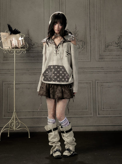 Off-Shoulder Hooded Sweatshirt Rabbit Ear Star-Tie Top【s0000019039】