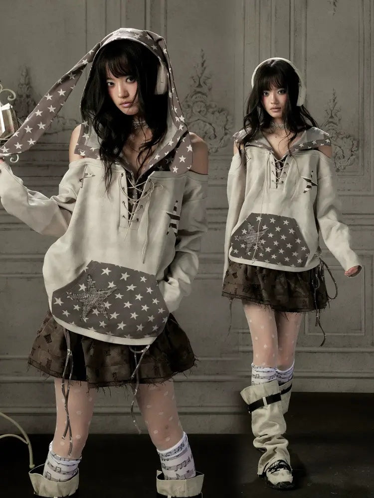 Off-Shoulder Hooded Sweatshirt Rabbit Ear Star-Tie Top【s0000019039】