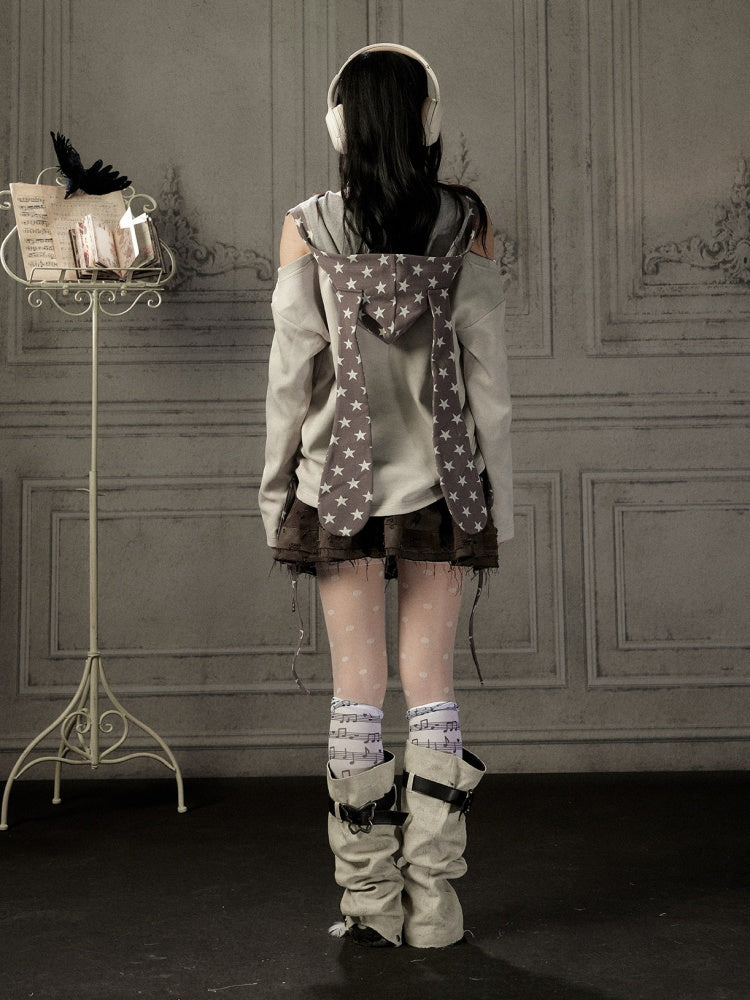 Off-Shoulder Hooded Sweatshirt Rabbit Ear Star-Tie Top【s0000019039】