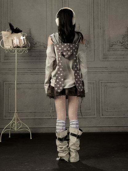 Off-Shoulder Hooded Sweatshirt Rabbit Ear Star-Tie Top【s0000019039】