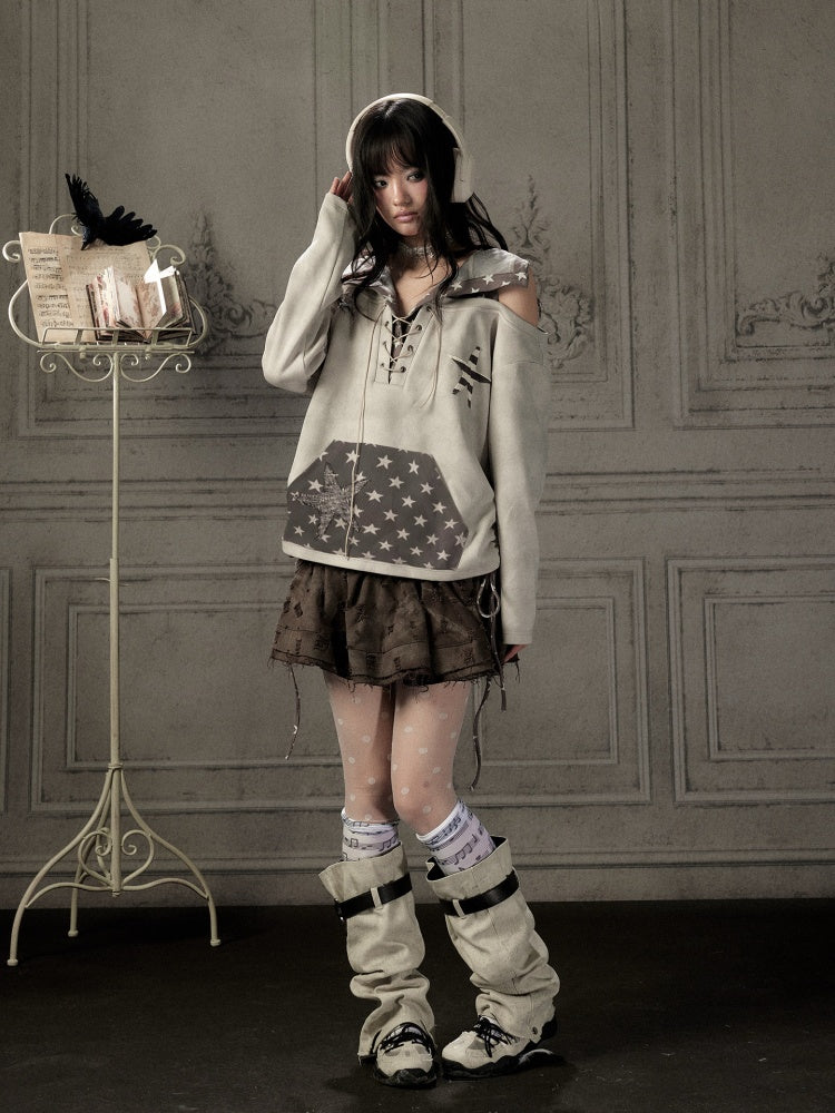 Off-Shoulder Hooded Sweatshirt Rabbit Ear Star-Tie Top【s0000019039】