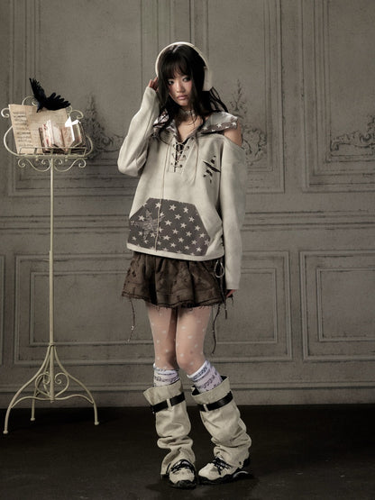 Off-Shoulder Hooded Sweatshirt Rabbit Ear Star-Tie Top【s0000019039】